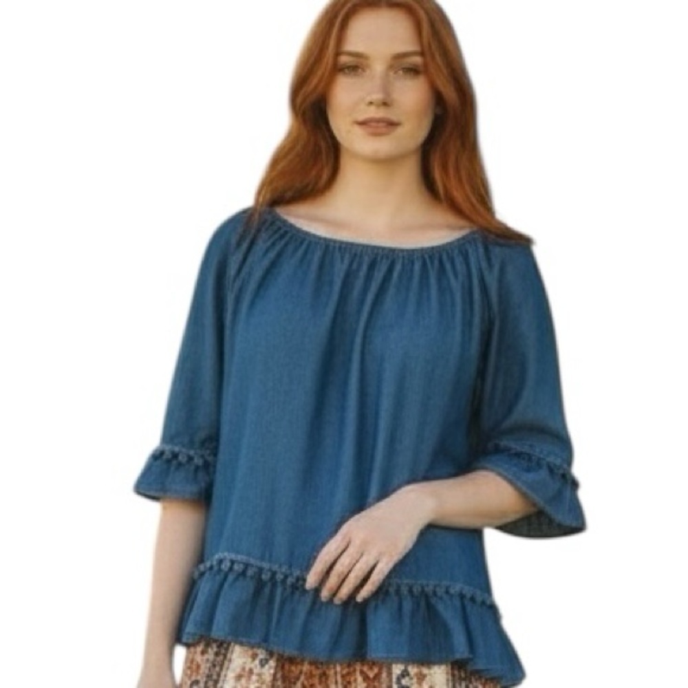 Grand & Greene Small Denim Bell Sleeve Fringe Shirt Boho